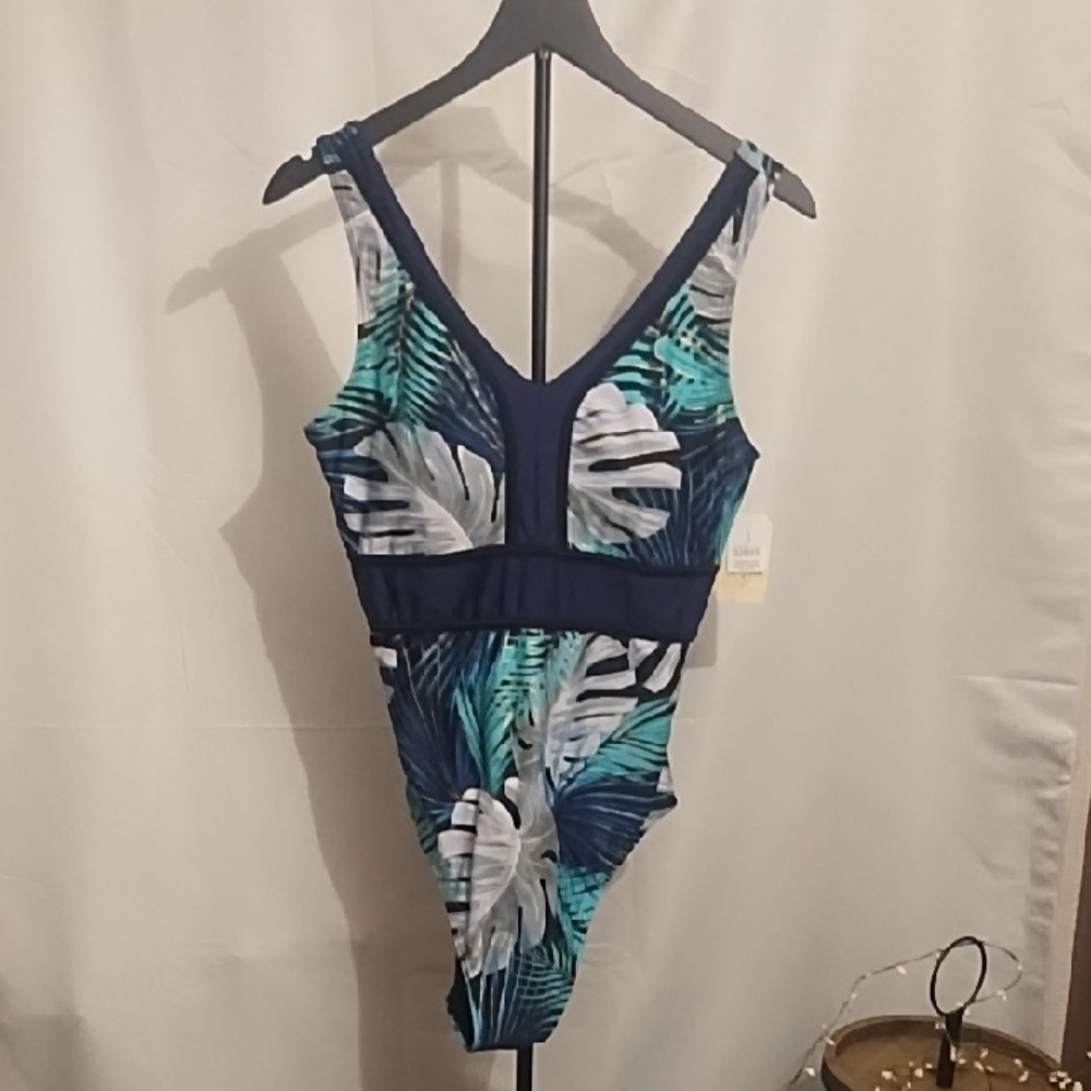 St. John's Bay Navy & Teal Tropical-Leaf One-Piece